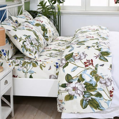 FADFAY Shabby Floral Sheets California King 100% Cotton 600 TC White Flower and Green Leaves Bedding Vintage Garden Botanical Print Country Side Bed Sheet Soft Hypoallergenic Deep Pocket Sheet 17.5''