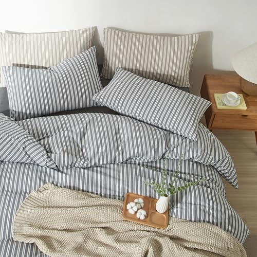 Striped Duvet Cover Set 100% Washed Cotton Linen Feel King