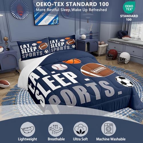 Feelyou Football Comforter Set Full Size Kids Basketball Baseball Soccer Comforter for Boys Girls Sports Theme Bedding Set Breathable Soft Navy Blue Duvet Quilted Ball Game Room Decor