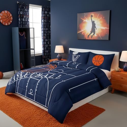 Erosebridal Kids Sports King Comforter Set for Boys - Basketball Bedding, Reversible Duvet Set, Court Quilted Comforter, Ball Game Print