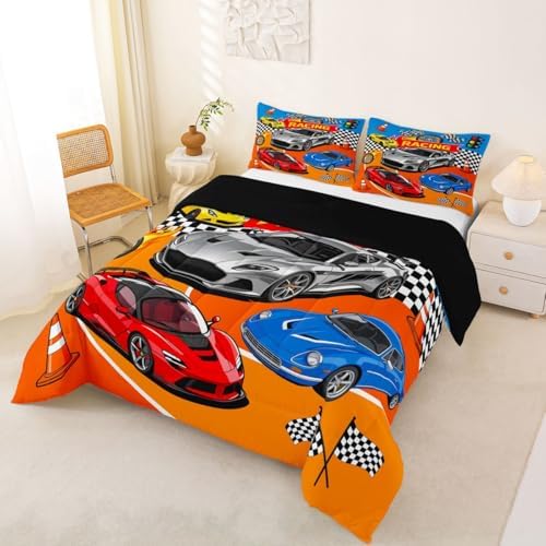 Feelyou Boys Race Car Comforter Set All Season Sports Racing Car Bedding Set with 2 Pillow Cases Extreme Sports Microfiber Kids Full Bedclothes Bedroom Decor Duvet Quilt Breathable Soft Lightweight
