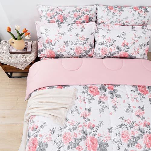 lasoftan Floral Queen Comforter Set with Sheets, 7 piece Luxury Vintage Bedding, Soft Microfiber Bed in a Bag, Cozy Lightweight Bed Set, Pink Flower Grey Leaf