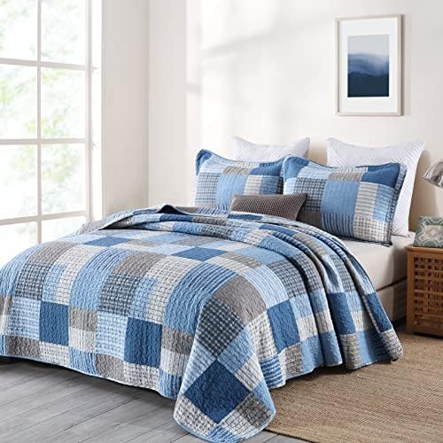 Y-PLWOMEN 100% Cotton King Size Quilt Farmhouse Plaid 3-Pieces Bedding