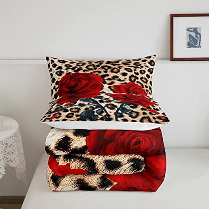 Rose Flower Comforter Set for Teens Adult Women Wedding Gift, Leopard Print Bedding Set Queen Size, Valentine's Day Cheetah Duvet Sets Leopard Animal Skin Down Comforter for Bedroom Decor, Brown