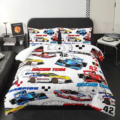Race Car Themed Comforter Set Twin for Boys，Race Car Bedding Twin Bed Set，Kids Race Car Bedroom Decor with 1 Comforter with 2 Pillow Case