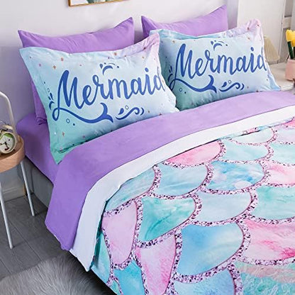 Wajade Kid Mermaid Scale Comforter Bedding Set Twin Size, Colorful Rainbow 3D Fish Scale 7 Pieces Soft Bedding Sets with Comforter, Sheet, Pillowcase and Sham for Girls