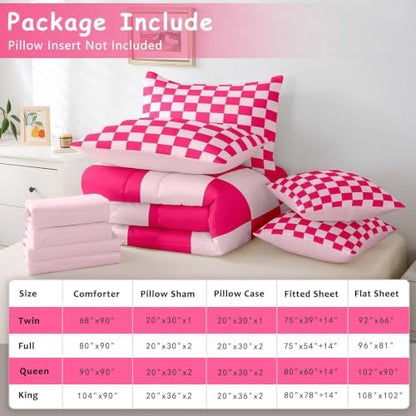 Feelyou Checkered 7 Piece Bedding Set Teen Women Boho Modern Cute Aesthetic Decorative Girly Comforter Set with Sheets King Size Kids Boys Geometric Chic Bed in a Bag Pink White Plaid Room Decor