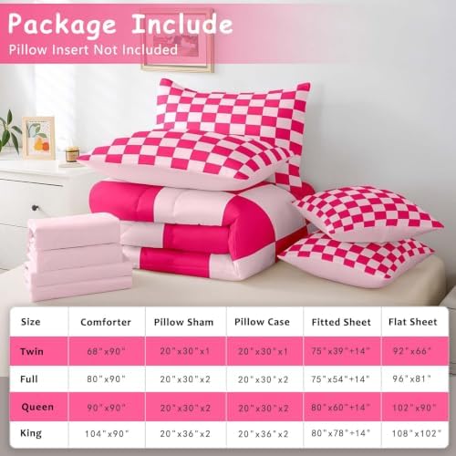 Feelyou Checkered 7 Piece Bedding Set Teen Women Boho Modern Cute Aesthetic Decorative Girly Comforter Set with Sheets Full Size Kids Boys Geometric Chic Bed in a Bag Pink White Plaid Room Decor