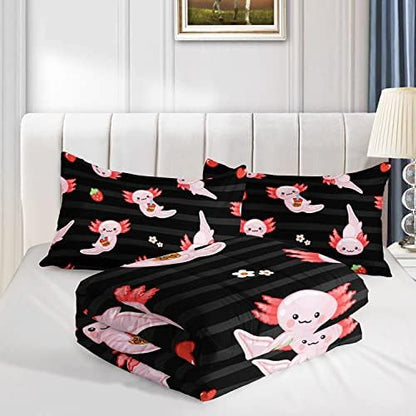 HOSIMA Kids Black Comforter Sets 3 Pieces,Cartoon Axolotl Bedding Sea Wildlife Cute Animals Theme Room Decor,Kawaii Bedding Set Strawberry Comforter King Size with 2 Pillowcases.