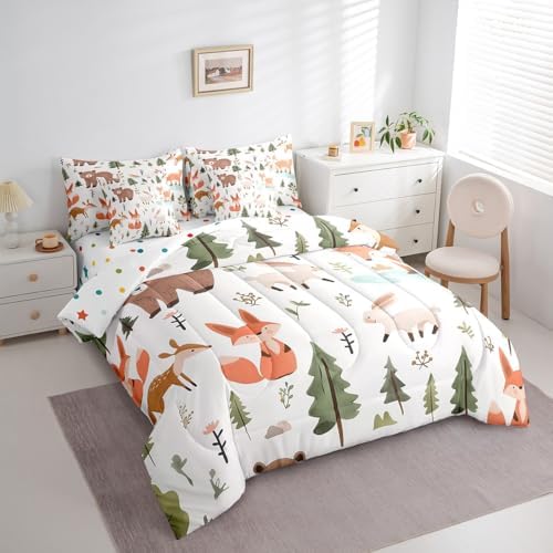 Feelyou Cartoon Animals Comforter Set 7 Pieces Twin Size Cute Zoo Bear Fox Rabbit Bedding Set for Boys Girls Nature Bed in a Bag with Comforter, Sheets, Pillowcases & Cushion Covers