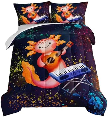 HOSIMA Kids Bedding Set for Bedroom Decor-Under Colorful Background Cute Cartoon Axolotl Comforter with 2 Pillowcases.