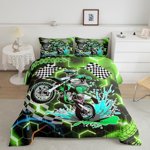 Racing Bedding Set Green Neon Lights Honeycomb Comforter Set Motorbike Dirt Bike Quilt Geometric Hexagon Moto Extreme Sports Full Size Duvet Insert,Black White Grid Lattice Buffalo Plaid Decor