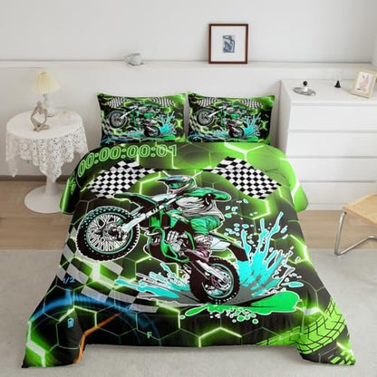 Racing Bedding Set Green Neon Lights Honeycomb Comforter Set Motorbike Dirt Bike Quilt Geometric Hexagon Moto Extreme Sports Full Size Duvet Insert,Black White Grid Lattice Buffalo Plaid Decor