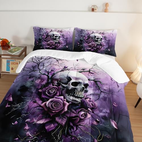 HOSIMA Floral Death Skull Twin Bedding Sets for Women with 2 Pillowcases.