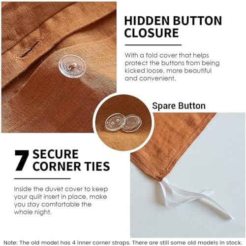 Simple&Opulence 100% Linen Duvet Cover Set 3pcs Basic Style Natural French Washed Flax Solid Color Soft Breathable Farmhouse Bedding with Button Closure - Rust, Full