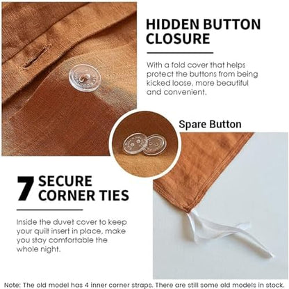 Simple&Opulence 100% Linen Duvet Cover Set 3pcs Basic Style Natural French Washed Flax Solid Color Soft Breathable Farmhouse Bedding with Button Closure - Rust, Full