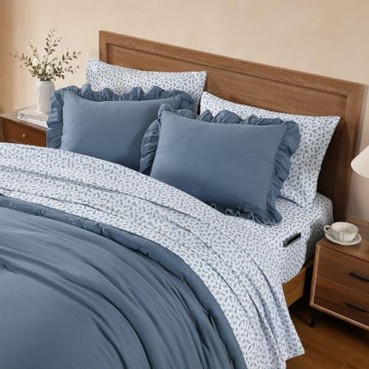 BLOOMHAVEN Full Size Comforter Sets-7 Pieces Ruffle Bedding Floral Sheet