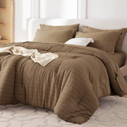 MUXHOMO 7 Pieces California King Comforter Set, Seersucker Bed in a Bag Cal King Size, All Season Luxury Bedding Set with Comforter, Flat Sheet, Fitted Sheet, Pillowcases & Shams, Brown