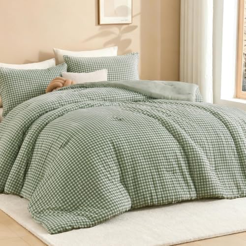 Litanika Velvet Flannel Gingham Comforter Set Queen, 3 Pcs Sage Blanket