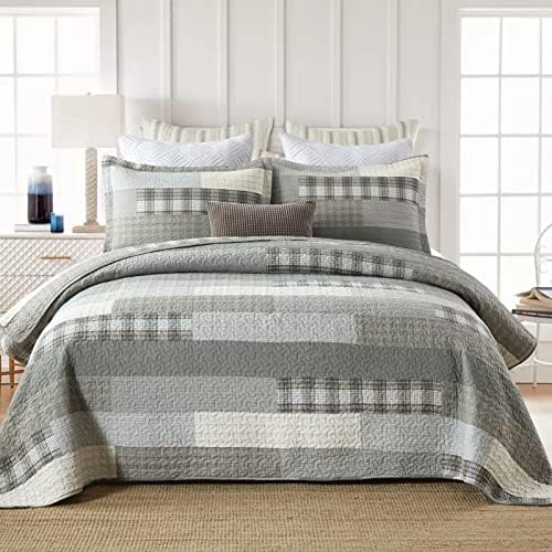 Finlonte King Size Quilt, Cotton King Quilt Bedding Set, Grey(Gray) Patchwork Plaid Bed Quilts King Size, Lightweight Reversible Soft King Size Bedspreads, 3 Pieces