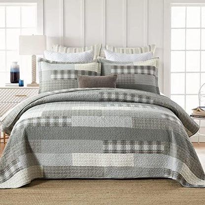 Finlonte King Size Quilt, Cotton King Quilt Bedding Set, Grey(Gray) Patchwork Plaid Bed Quilts King Size, Lightweight Reversible Soft King Size Bedspreads, 3 Pieces
