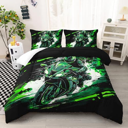 AILONEN Motorcycle Comforter Set 3 Piece Neon Green Speed Bike Bedding Brushed Microfiber Lightweight Bedspread Teens Boys Bedroom Decor