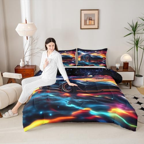 Erosebridal Kids Boys Sports Car Comforter Set Twin Size,Cosmos Outer Space Universe Bedding Set Race Car Room Decor,Glitter Stars Galaxy Racing Cars Comforter,Cool Speed Race Sports Car Duvet Insert