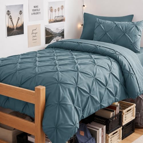 CozyLux Twin Comforter Set Mineral Blue, 5 Pieces Pintuck Bed in a Bag