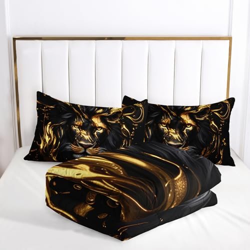 Black & Gold King Comforter Set Lion，Animal Print King Size Bedding，with 1 Comforter with 2 Pillow Case，Lion Themed Bedroom Decor for Boy Kids