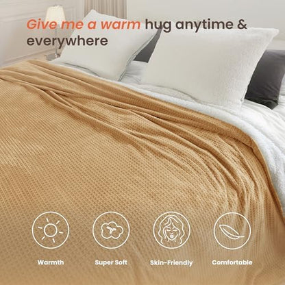 Heated Blanket Electric Blanket Queen Waffle, 84x90 Inches Dual Controllers Sherpa Fleece Fast Heating Blanket 6 Heating Levels & 10 Hours Auto Off ETL Certification, Caramel Queen
