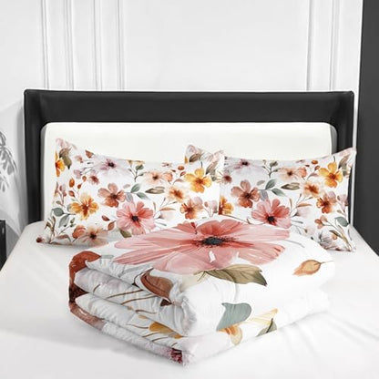 Nttopship Pink Yellow Floral Comforter Bedding Set with 2 Pillowcase King Size Flower Comforter Set for Kids Boys Girls Bedroom Decor