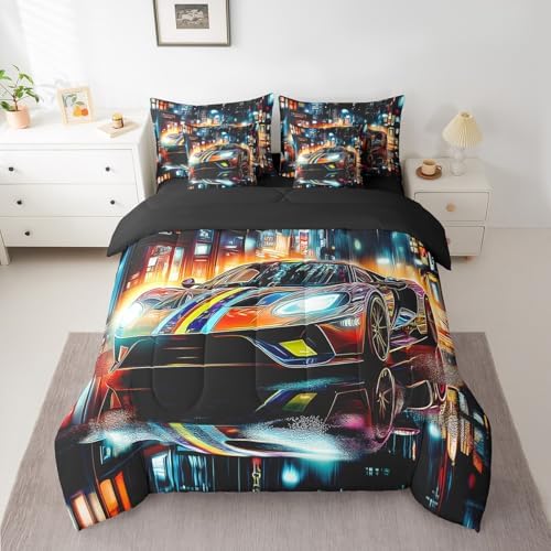 Feelyou Colorful Speed Sports Car Comforter Set with Sheets Full Size Kids Race Car 7 Pieces Bedding Set for Boys Girls Teens Modern Racing Car Bed in a Bag Extreme Sports Bed Set Rainy