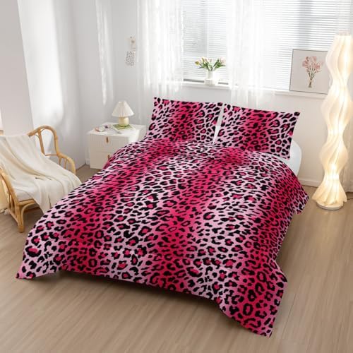 Nttopship Pink Leopard Print Comforter Bedding Set with 2 Pillowcase Twin Size Cheetah Painting Comforter Set for Kids Boys Girls Bedroom Decor