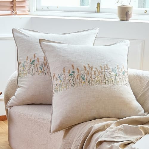 Simple&Opulence 100% Linen Euro Shams 26'' x 26'' Pack of 2, Embroidery Wheat Design Natural Flax Farmhouse Decorative Square Throw Pillow Covers for Bed Couch Sofa - Linen