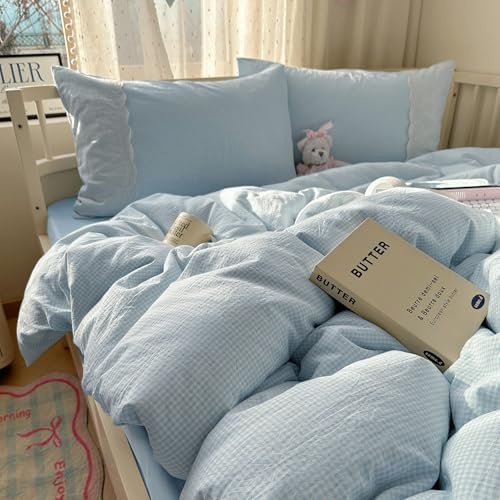 mixinni Blue White Gingham Duvet Cover Twin XL Size - 3 Piece Cottagecore Plaid Bedding Set with Lace Trim, Soft Washed Microfiber Vintage Aesthetic Grid Comforter Cover & Pillow Shams