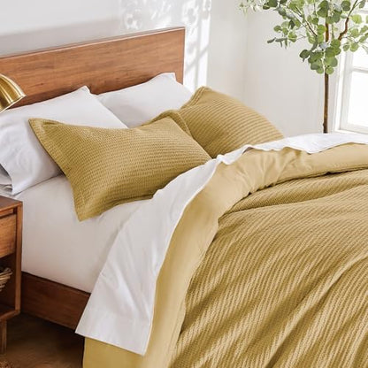 Levtex Home Cloud Waffle Full/Queen Comforter Set (90x94in) with 2 Pillow Shams (26x20in) - Solid Waffle Cotton Texture - Ochre - 100% Cotton Full/Queen Size Comforter Set - Soft, Pre-Washed