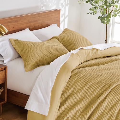 Levtex Home Cloud Waffle King/Cal King Comforter Set (106x94in) with 2 Pillow Shams (36x20in) - Solid Waffle Cotton Texture - Ochre - 100% Cotton King Size Comforter Set - Soft, Pre-Washed