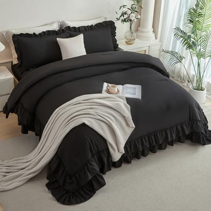 ANGIYUIN 5Pcs Black Full Size Ruffled Bed in Bag Farmhouse Shabby Comforter Set Solid Elegance Bedding Comforter Set with Sheets Soft Lightweight Bed Set for Women Men(Black Full)