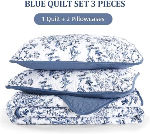 WONGS BEDDING Botanical Quilt King Size, 3 Pieces Bedspread Set,Blue
