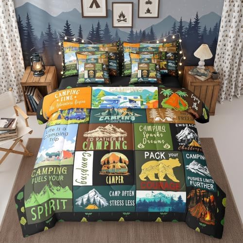 Erosebridal 7 Piece Camping Twin Comforter Set for Camper,RV Bunk Bedding Sets with Sheets for Kids Adults,Mountain Forest Bear Bed Set Travel Trailer Decor Patchwork Quilt with Fitted+Flat Sheet