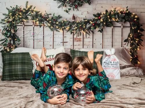 Kate Christmas Headboard Backdrop for Photos White Brick Wall Photography Backdrop Rustic Portrait Backgrounds for Family Session, 10x6.5ft