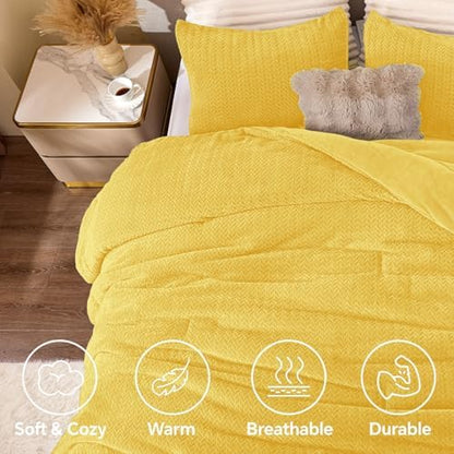 ChiXpace Fleece Queen Comforter Set Yellow, Fluffy Flannel Bed Set 3 Pieces