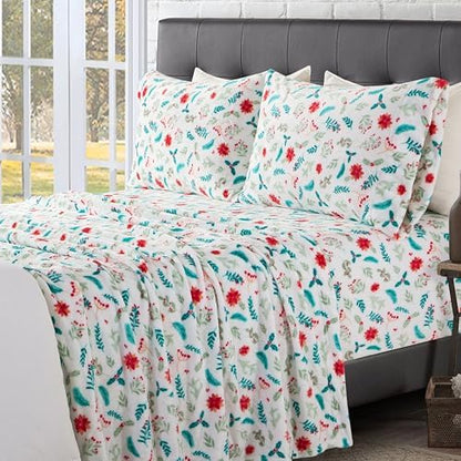 Elegant Comfort Luxuriously Soft 4-Piece Holiday Velvet Plush Flannel Sheet Set - Premium Quality - Cozy Warm, Christmas Fuzzy Velvet Flannel Fleece Deep Pocket Sheet Set - Cal King, Winter Bloom