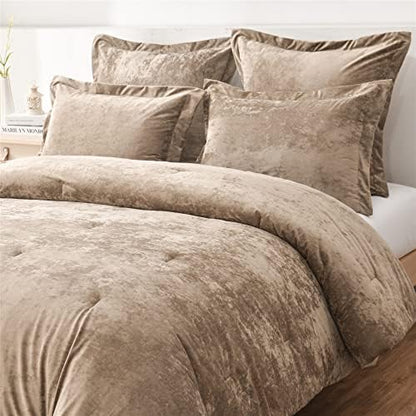 Fredsure Distressed Velvet Comforter Set, 5 Pieces Khaki Queen, Distressed Velvet Face and Brushed Microfiber Reverse