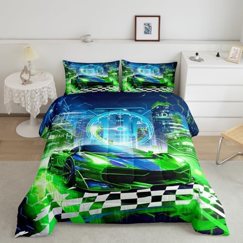 Feelyou Boys Green Race Car King Size Bedding Set Kids Racing Car Decor Comforter Extreme Sports Car Comforter Set for Teens Honeycomb Grid Car Comforter Quilt Set Car Room Decorations