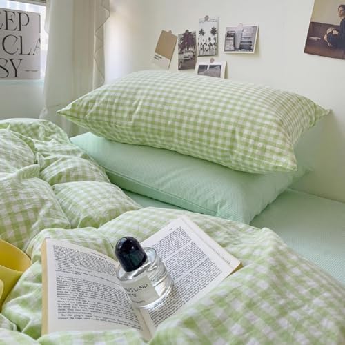 LifeTB Queen Comforter Set Green Gingham Bedding Comforter Set 3 Pieces Brown Grid Bed Comforter with 2 Pillowcases Vintage Checkered Plaid Comforter Fluffy Soft Farmhouse Grid Bedding Set