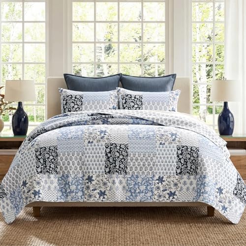 EverGrace 100% Cotton Patchwork Quilt Set, Queen Size, Coastal Blue 96"×92"
