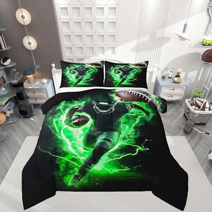 Castle Fairy Sports Football Full Size Comforter Set,Rugby Bedding Set for Adults Teens,Children American Football Comforter Luxury Green Lightning Quilt Set Room Decor 3Pcs