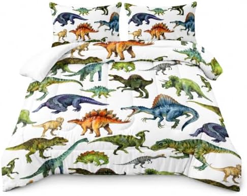 AILONEN Cartoon Dinosaur Print Bedding Set Full Size Hand Drawn Green Dinosaurs White Tint Comforter Set for Kids Teens Boys Girls Soft Breathable Duvet Set 3 Pieces, 1 Comforter and 2 Pillowcases