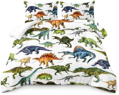 AILONEN Cartoon Dinosaur Print Bedding Set Full Size Hand Drawn Green Dinosaurs White Tint Comforter Set for Kids Teens Boys Girls Soft Breathable Duvet Set 3 Pieces, 1 Comforter and 2 Pillowcases